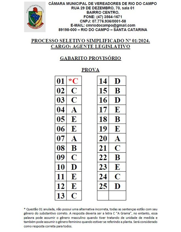 Gabarito Provisório Da Prova Do Processo Seletivo Simplificado Nº 01