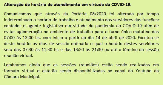 Alteração de horário de atendimento em virtude da COVID-19.