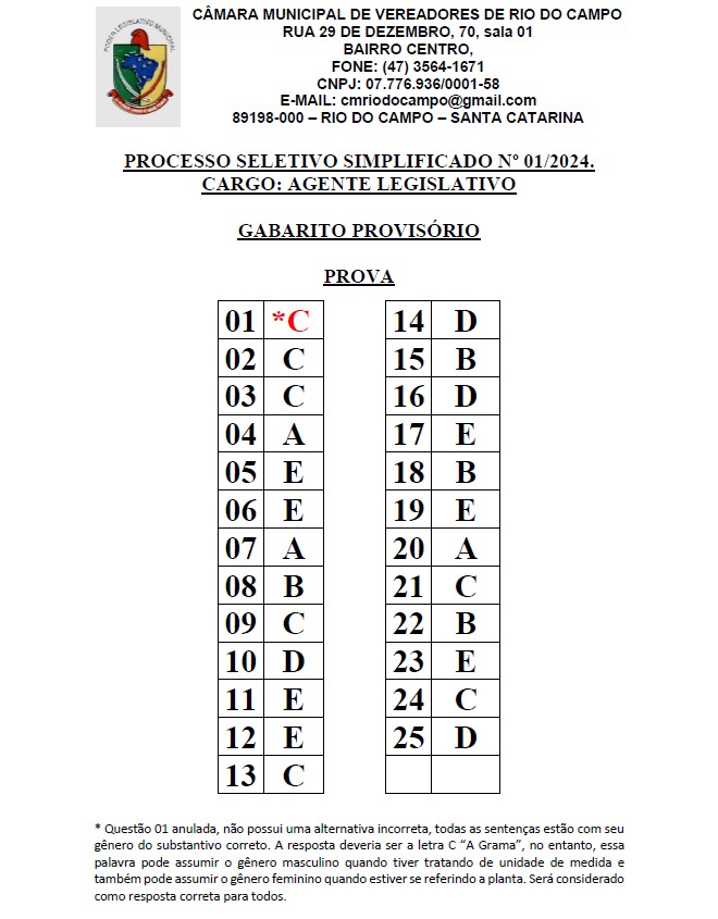 Gabarito Provisório da prova do Processo Seletivo Simplificado nº 01/2024