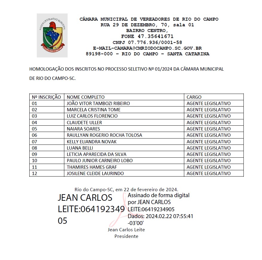 Homologação dos Inscritos no Processo Seletivo Simplificado nº 01/2024.